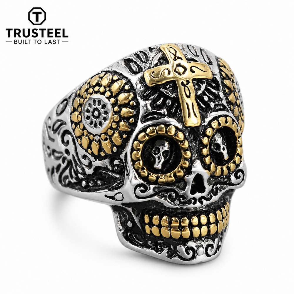 Sugar Skull Cross Ring 316L Stainless Steel Gothic Biker Day of the Dead size 13
